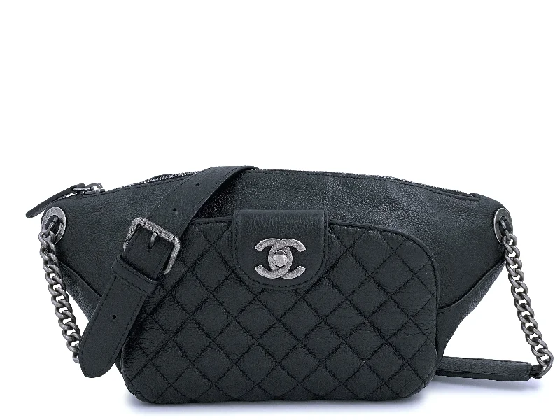 Chanel Black Grained Calfskin Quilted Classic Front Pocket Fanny Pack Belt Bag RHW