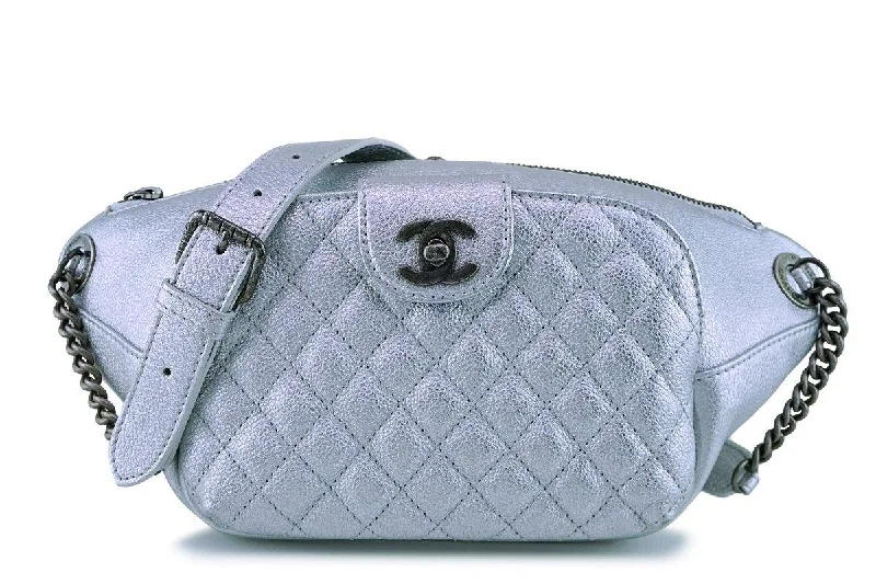 Chanel Silver Calfskin Front Pocket Belt Bag Fanny Pack RHW