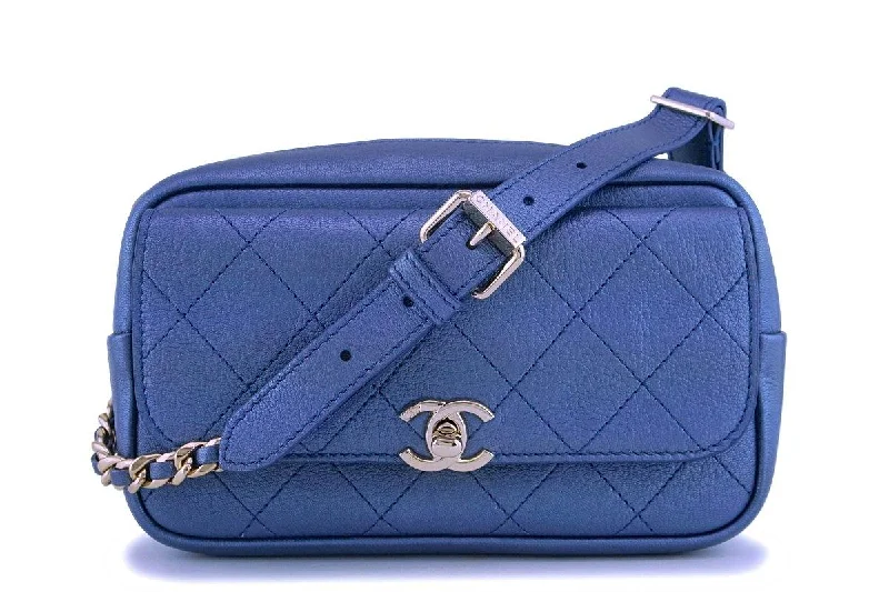 NIB 19C Chanel Pearly Iridescent Blue Waist Belt Bag Fanny Pack GHW