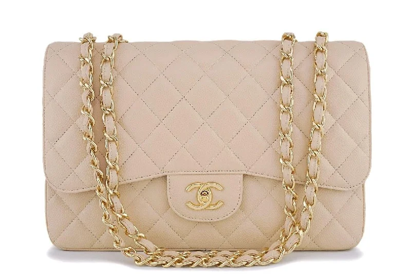 Chanel Beige Caviar Jumbo Classic Flap Bag GHW