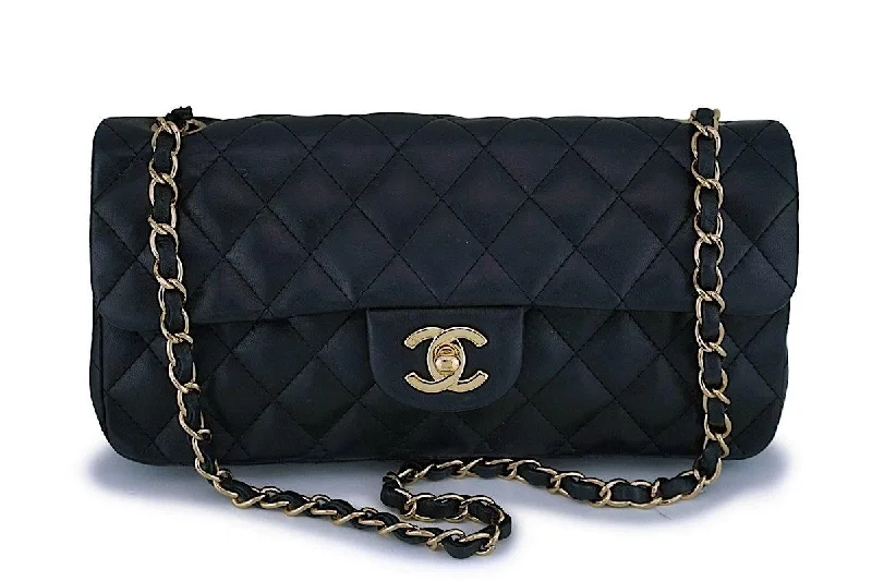 Chanel Black Lambskin East West Medium Classic Clutch Flap Bag 24k GHW