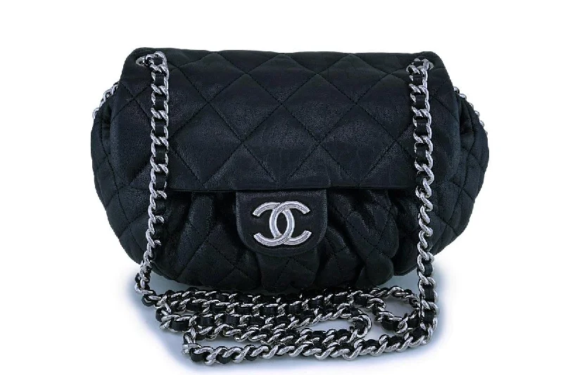 Chanel Black Textured Calf Medium Chain Around Crossbody Flap Bag SHW