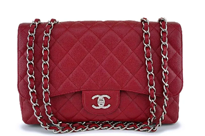 Exc Rare 09A Chanel Red Caviar Jumbo Classic Flap Bag SHW