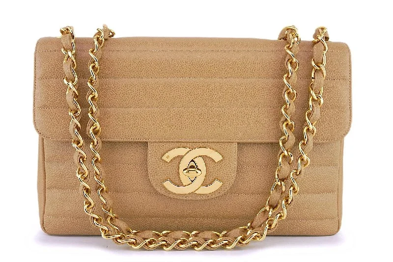 Rare Chanel Vintage Camel Beige Caviar Jumbo Classic Flap Bag 24k GHW