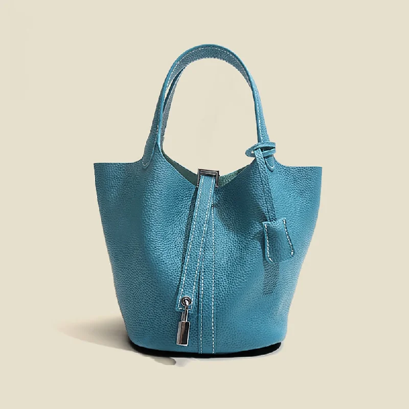 Leather Bucket Top Handle Bag Blue