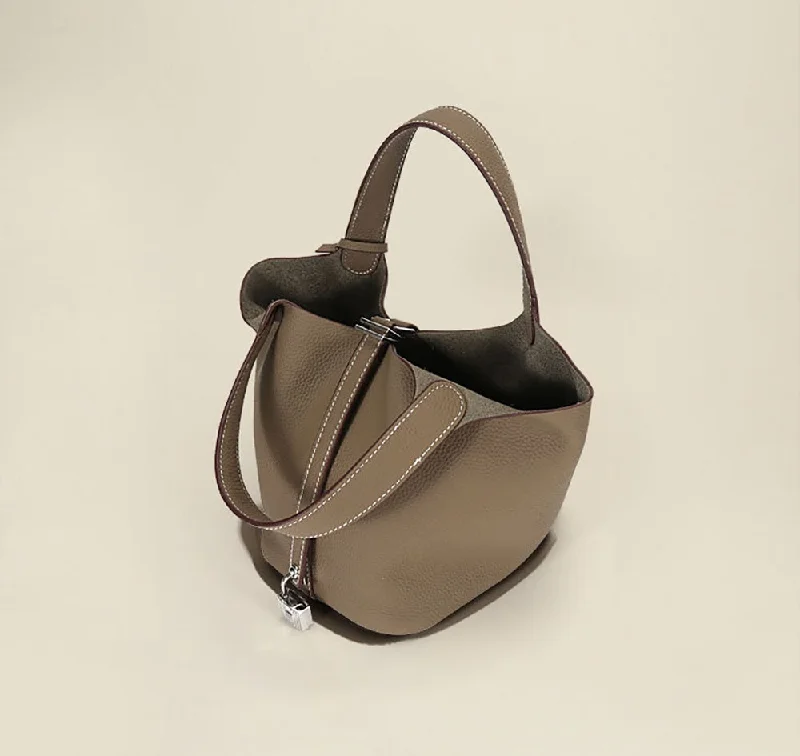 Leather Bucket Top Handle Bag Karki And Black