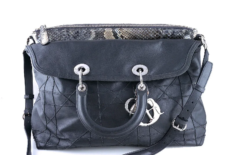 Limited Christian Dior Large Granville Python Gris Fonce Gray Messenger Tote Bag