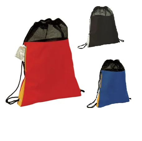 Tri Tone Polyester Mesh Drawstring Bag W/ Side Pocket