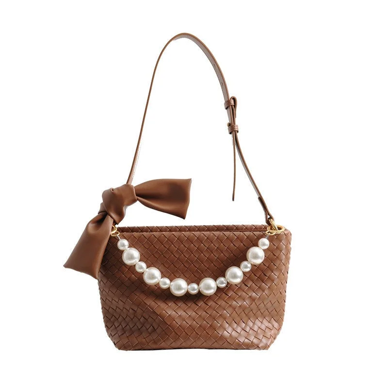 Womens Leather Woven Pearl Handle Shoulder Bag