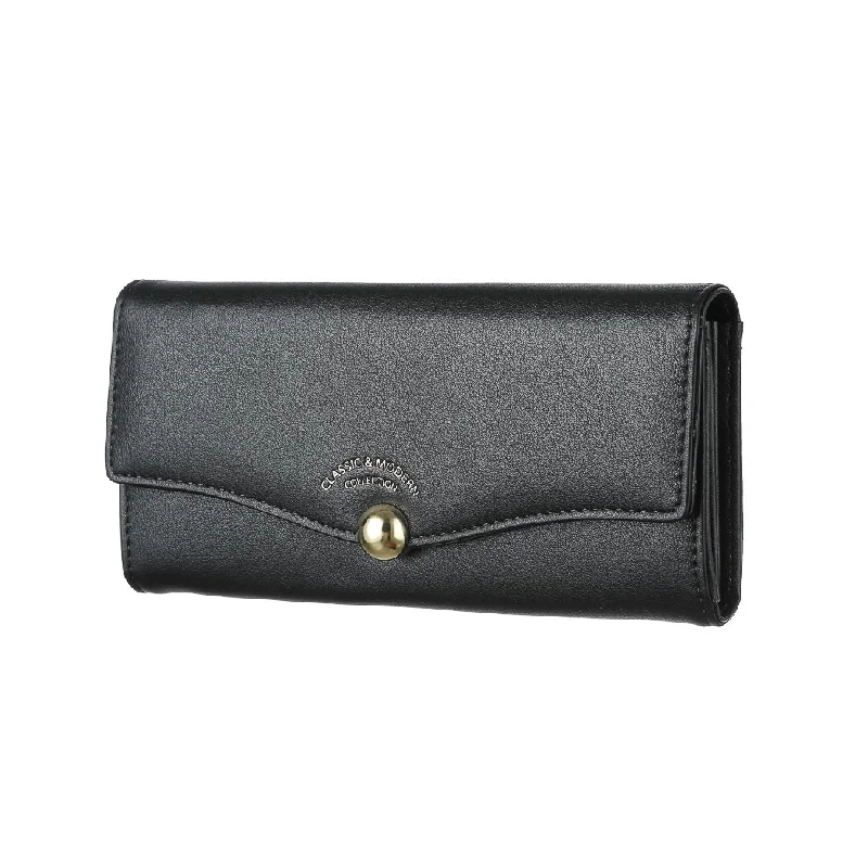 Women's Long Bifold Wallet with Ball Decoration (Black)