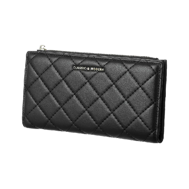 Women's Long Diamond Lattice Pattern Quilted Wallet with Golden Letters (Black)